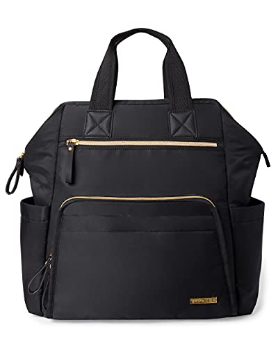 Skip Hop Diaper Bag Backpack: Mainframe Large Capacity Wide Open Structure with Changing Pad and Stroller Attachement, Black with Gold Trim