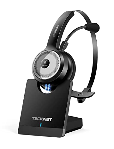 TECKNET Wireless Bluetooth 5.0 Headset with Microphone, AI Noise Cancelling On Ear Headphones with Charging Base for PC, Cell Phone, Computer, Call Center, Work from Home Office Essentials