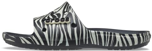 Crocs Unisex Classic Graphic Slide Sandals, Black/Zebra Print, 12 US Women