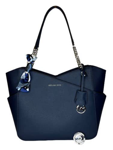 Michael Kors Women's Jet Set Travel Large Chain Shoulder Bag bundled with Purse Hook and Skinny Scarf (Navy/Silver)
