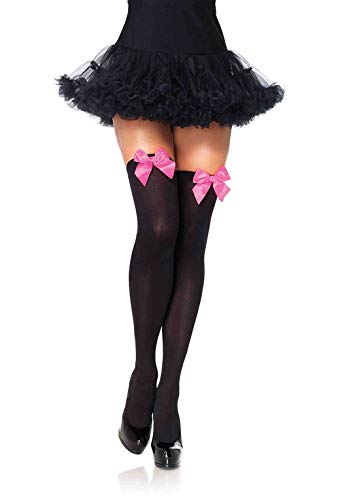 Leg Avenue Women's Satin Bow Accent Thigh Highs, Black/Neon Pink, One Size