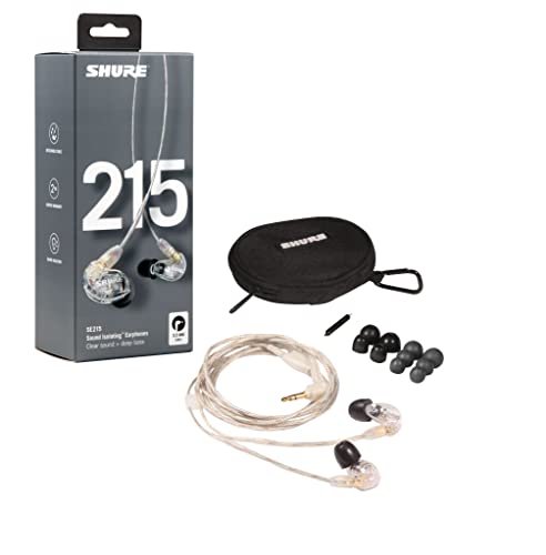 Shure SE215 PRO Wired Earbuds - Professional Sound Isolating Earphones, Clear Sound and Deep Bass, Single Dynamic MicroDriver, Secure Fit In Ear Monitor, plus Carrying Case and Fit Kit - Clear (SE215-CL)