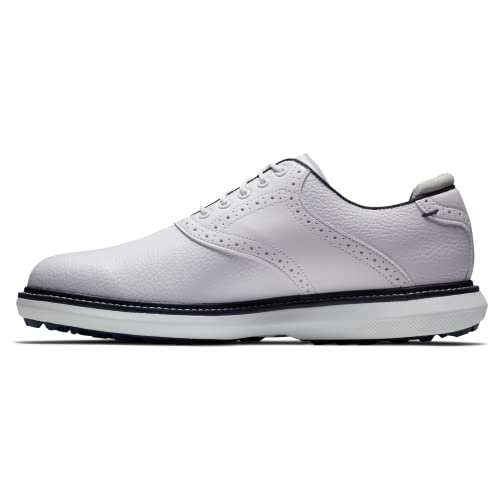 10.5 FootJoy Men's Traditions Spikeless Golf Shoe, White/White/Navy