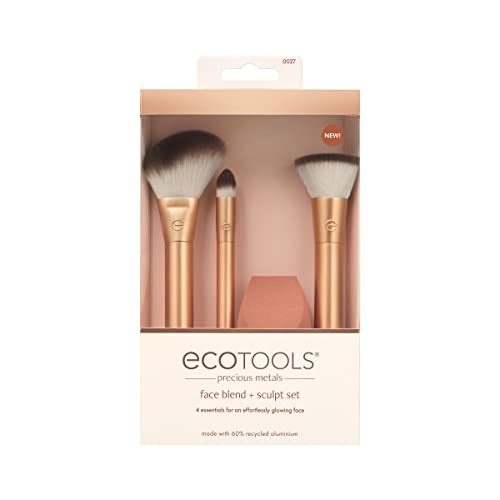 EcoTools Precious Metals Face Blend and Sculpt Set, Makeup Brush Kit, Foundation Brush, Ecofriendly Makeup Brush Kit, Recycled Aluminum, Chrome, Precision, 4 Piece Set