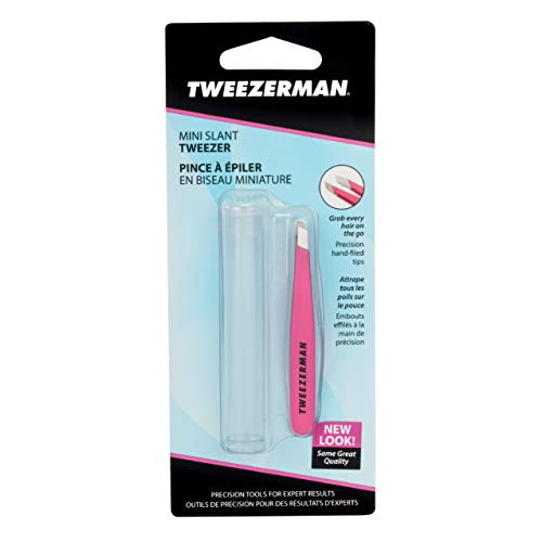 Tweezerman Stainless Steel Mini Slant Tweezer, Neon Pink, 1 Count