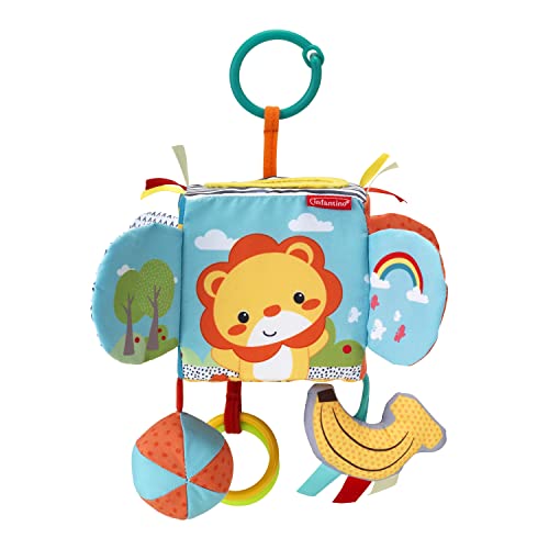 Infantino Peek and Seek Discovery Cube - Soft Development Toy, Peek-A-Boo Mirror, Clacker Rings, Crinkle and Rattle Sounds - Sensory Play, Ages 3 Months +