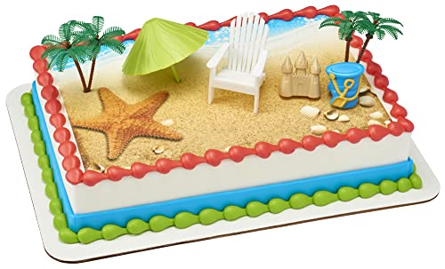 DecoSet® Beach Chair and Umbrella Tropical Beach Cake Decoration, 6 Piece Cake Topper Set, Palm Trees, Deck Chair, Beach Umbrella, Sand Castle and Bucket, Food Safe,