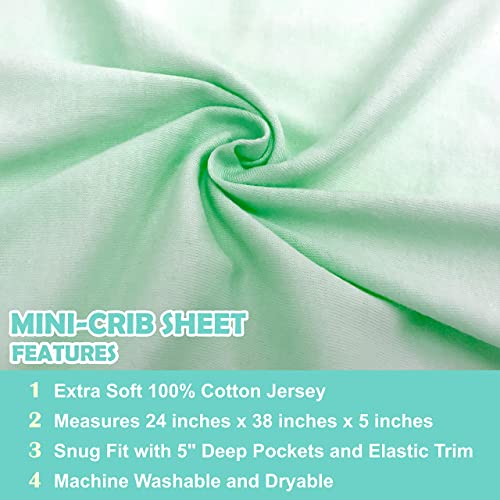 American Baby Company 100% Natural Cotton Value Jersey Knit Fitted Portable/Mini-Crib Sheet, Mint, 24' x 38' x 5', Soft Breathable, for Boys and Girls, Pack of 3