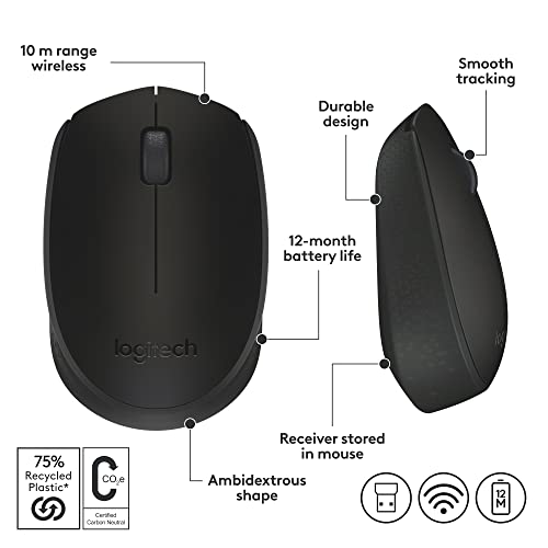 Logitech M170 Wireless Mouse for PC, Mac, Laptop, 2.4 GHz with USB Mini Receiver, Optical Tracking, 12-Months Battery Life, Ambidextrous - Black