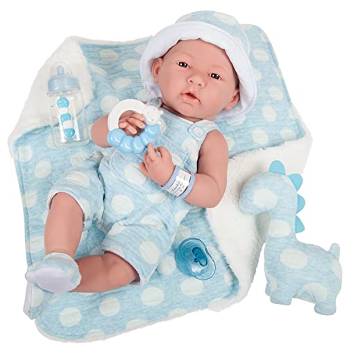 JC Toys La Newborn All-Vinyl-Anatomically Correct Real Boy 15' Baby Doll in Blue and Deluxe Accessories, Designed by Berenguer, Blue - Dots, Model:18064