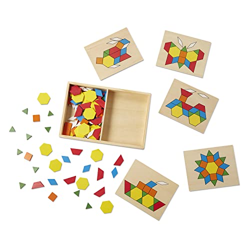 Melissa and Doug Pattern Blocks and Boards - Classic Toy With 120 Solid Wood Shapes and 5 Double-Sided Panels, Multi-colored - STEAM Toy, Wooden Pattern Blocks Animals, Tangrams Puzzle For Kids Ages 3+