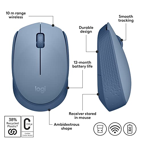 Logitech M170 Wireless Mouse for PC, Mac, Laptop, 2.4 GHz with USB Mini Receiver, Optical Tracking, 12-Months Battery Life, Ambidextrous - Blue Grey