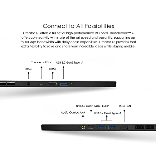 MSI Creator 15 Professional Laptop: 15.6' UHD OLED 4K DCI-P3 100% Display, Intel Core i7-11800H, NVIDIA GeForce RTX 3080, 16GB RAM, 1TB NVME SSD, Thunderbolt 4, Win10 PRO, Black (A11UH-492)
