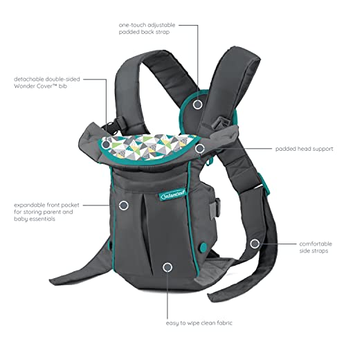 Infantino Swift Classic Carrier with Pocket - 2 Ways to Carry Grey Carrier with Wonder Bib and Essentials Storage Front Pocket, Adjustable Back Strap, Inward and Outward Facing, Easy to Clean Material