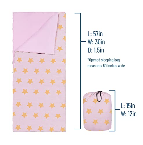 Wildkin Kids Sleeping Bags for Boys and Girls, Measures 66 x 30 x 1.5 Inches, Cotton Blend Materials Sleeping Bag for Kids, Ideal for Parties, Camping and Overnight Travel (Pink and Gold Stars)
