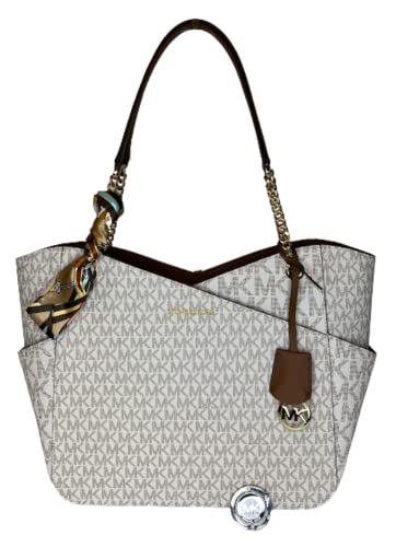 Michael Kors Women's Jet Set Travel Large Chain Shoulder Bag bundled Purse Hook and Skinny Scarf (Signature MK Vanilla)