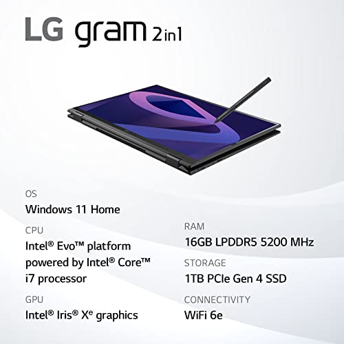 LG gram (2022) 14T90Q 2-in-1 Tablet Laptop, 14' (1920 x 1200) IPS Display, Intel Evo 12th Gen i7 1260P Processor, 16GB LPDDR5, 1TB NVMe SSD, FHD Webcam, WiFi 6E, Thunderbolt 4, Windows 11, Black
