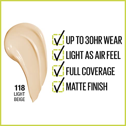 Maybelline Super Stay Full Coverage Liquid Foundation Active Wear Makeup, Up to 30Hr Wear, Transfer, Sweat and Water Resistant, Matte Finish, Light Beige, 1 Count
