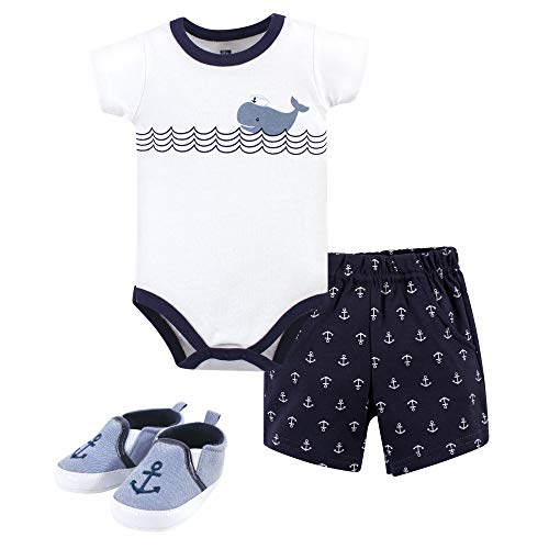 Hudson Baby baby boys Cotton Bodysuit, Shorts and Shoe Layette Set, Blue Sailor Whale, 6-9 Months US