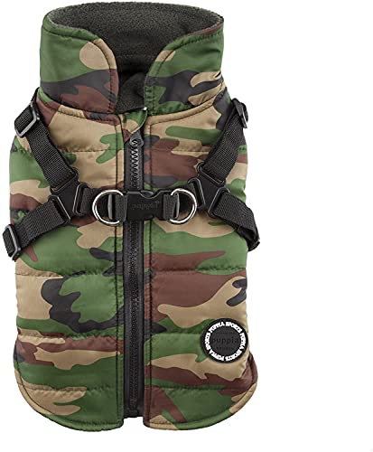 Puppia Mountaineer Winter Dog Coat with integrated harness No Pull Cold Weather Waterproof Warm Fleece Back Zipper for Small and Medium Dog, CAMO, Large