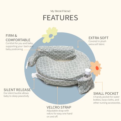 My Brest Friend Deluxe Nursing Pillow for Breastfeeding and Bottle Feeding, Enhanced Posture Support, Double Straps and Removable Extra Soft Slipcover, Flower Key Grey