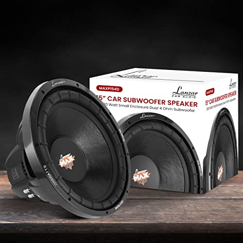 Lanzar 15in Car Subwoofer Speaker - Black Non-Pressed Paper Cone, Stamped Plastic Basket, Dual 4 Ohm Impedance, 2000 Watt Power and Foam Edge Suspension for Vehicle Audio Stereo Sound System - MAXP154D