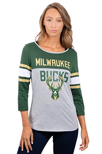 Ultra Game NBA Milwaukee Bucks Womens T-Shirt Raglan Baseball 3/4 Long Sleeve Tee Shirt, Team Color, Large