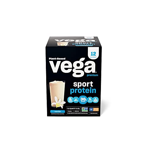 Vega Sport Premium Vegan Protein Powder Vanilla (12 Sachets) 30g Plant Based Protein, 5g BCAAs, Low Carb, Keto, Dairy Free, Gluten Free, Pea Protein for Women and Men, 12x1.6oz (Packaging May Vary)