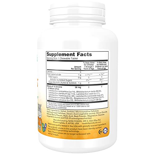 NOW Supplements, BerryDophilus™ with 2 Billion, 10 Probiotic Strains, Xylitol Sweetened, Strain Verified, 120 Chewables, packaging may vary