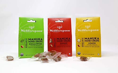 Wedderspoon Organic Manuka Honey Drops, Eucalyptus and Bee Propolis, 20 Count (4oz) (Pack of 1)| Genuine New Zealand Honey | Perfect Remedy For Dry Throats