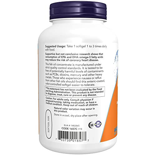 NOW Supplements, Omega-3 180 EPA / 120 DHA, Enteric Coated, Cardiovascular Support*, 180 Softgels