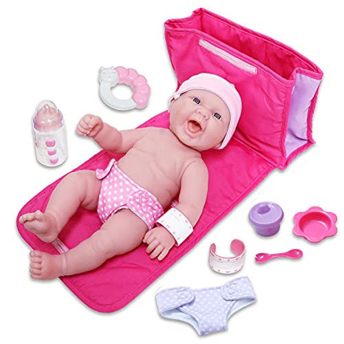 JC Toys - La Newborn | 10 Piece Deluxe Diaper Bag Gift Set | Feat. 13' Realistic Smiling Baby Newborn Doll | All Vinyl | Washable | Ages 2+ (18332) , Pink