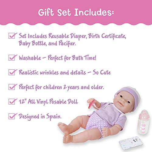 La Newborn JC Toys Nursery | 7 Piece Doll Gift Set | 12' Life-Like Asian Doll with Accessories | Purple | Ages 2+ (18346)