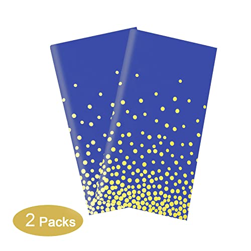 Gexolenu 2 Pack Premium Blue and Gold Disposable Plastic Tablecloth for Rectangle Tables(54' x 108'), Disposable Waterproof Table Cover for Birthday, Graduation, Gold Table Cloths Party Supplies