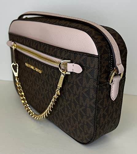 Michael Kors Jet Set Large Chain Crossbody Bag bundled with with SM TZ Coinpouch Wallet and Purse Hook (Signature MK Brown/Powder Blush)