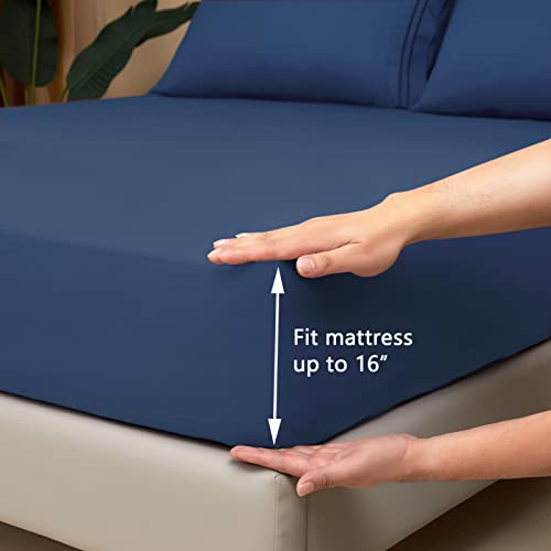 Mejoroom Queen Size Sheet Set - Hotel Luxury 1800 Bedding Sheets and Pillowcases - Deep Pocket Fitted Sheet, Hypoallergenic, Wrinkleand Breathable, Fade Resistant - 4 Piece (Queen, Navy)