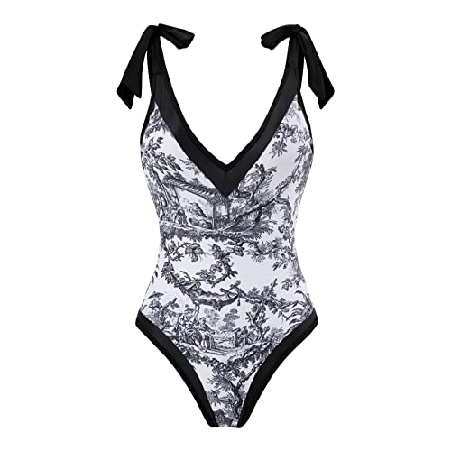 Women Swimsuits Abstract Printing Notched Square/V Neck Floral Vacation One Piece with Cover Up