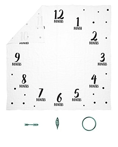 Pearhead Monthly Milestone Photo Blanket and Newborn Photo Props Keepsake Set, Baby Milestone Picture Background, Black and Teal