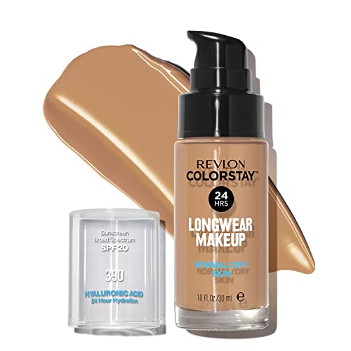 Liquid Foundation by Revlon, ColorStay Face Makeup for Normal and Dry Skin, SPF 20, Longwear Medium-Full Coverage with Natural Finish, Oil Free, 390 Rich Maple, 1 Fl Oz