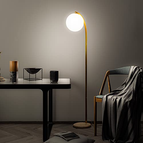 Brightech Luna Drop LED Floor Lamp, Frosted Glass Globe Arcing Living Room Lamp, Mid-Century Modern Standing Lamp for Living Rooms, Boho Rustic Indoor Tall Lamp for Bedrooms and Offices - Brass