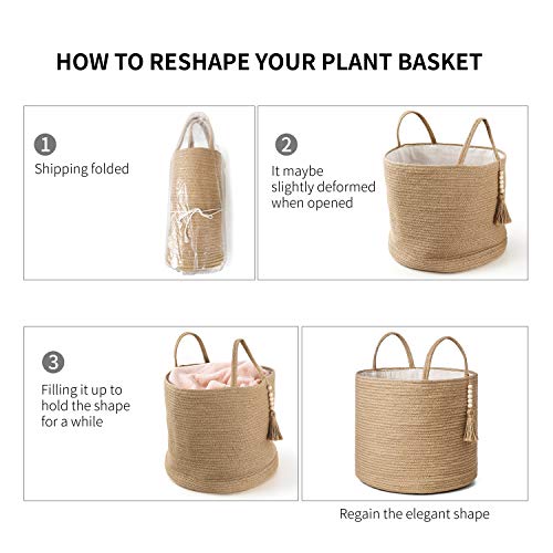 Mkono Woven Storage Basket Decorative Rope Basket Wooden Bead Decoration for Blankets,Toys,Clothes,Shoes,Plant Organizer Bin with Handles Living Room Home Decor, Jute, 16' W × 13.8'L