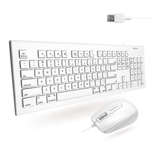 Macally 104 Key USB Wired Keyboard and Mouse Combo with Apple Shortcut Keys for Mac, iMac, Macbook, and Windows PC (MKEYECOMBO), White