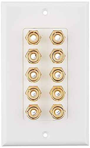 Monoprice 103539 Banana Binding Post Two-Piece Inset Wall Plate – White – Coupler Type For 5 Speakers