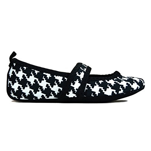 Nufoot Betsy Lou Women's Shoes, Foldable and Flexible Flats, Travel and Exercise Shoes, Dance Shoes, Yoga Socks, Indoor Shoes, Slippers, Black with White Hounds Tooth, Medium
