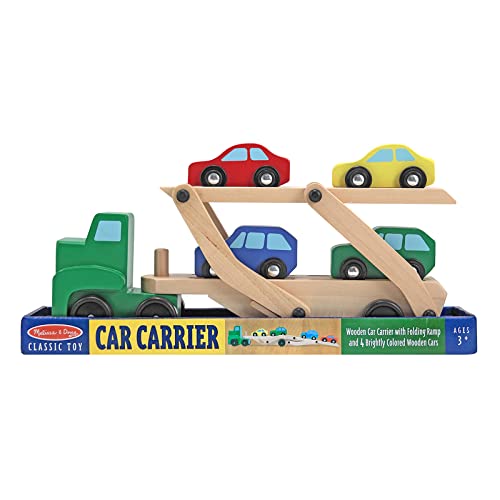 Melissa and Doug Car Carrier Truck and Cars Wooden Toy Set With 1 Truck and 4 Cars - Wooden Cars, Vehicle Toys, Push And Go Wooden Trucks For Toddlers And Kids Ages 3+