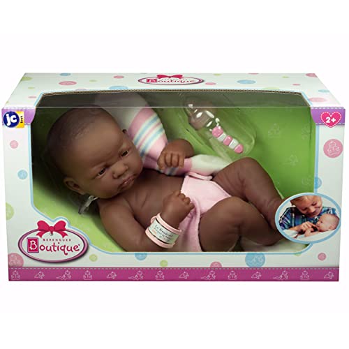 JC Toys - La Newborn First Day African American| Anatomically Correct Real Girl Baby Doll | 14' All-Vinyl Baby Doll | Includes Hospital Blanket, Bracelet and First Baby Bottle| Made in Spain | Designed by Berenguer | Ages 2+ , Pink