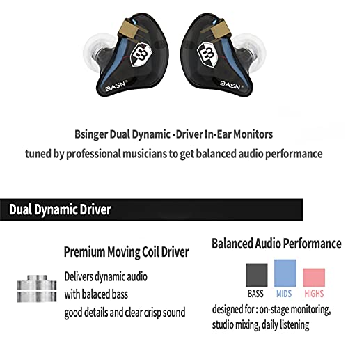 BASN Bsinger PRO in Ear Monitor Headphones for Musicians, Dynamic Driver Noise Isolating Earphones with 2 Detachable MMCX Cables (Black)