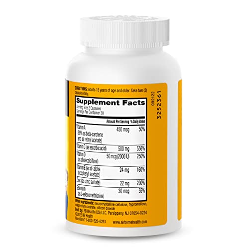 Airborne Vitamin C 500mg Capsules With Zinc and Selenium, Immune Support Supplement For Adults with Powerful Antioxidants Vitamins A C and E + Vitamin D - 60ct Bottle (30 Servings)