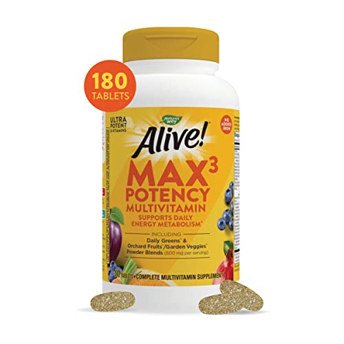 Nature's Way Alive! Max3 Potency Multivitamin, High Potency B-Vitamins, No Iron, 180 Tablets