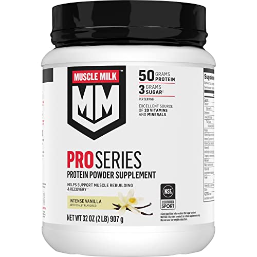 Muscle Milk Pro Series Protein Powder Supplement, Intense Vanilla, 2 Pound, 11 Servings, 50g Protein, 3g Sugar, 20 Vitamins and Minerals, NSF Certified for Sport, Workout Recovery, Packaging May Vary